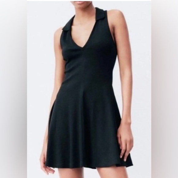 Zara Mini Dress Sleeveless Collared Black Ribbed V Neck Tennis Prep Skater - Picture 1 of 10